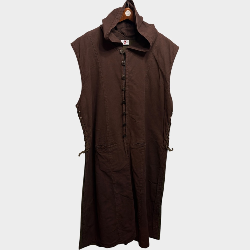 Zootzu Brown Cotton Hooded Cloak Coat Renaissance Cosplay Long Vest Lace Up L
